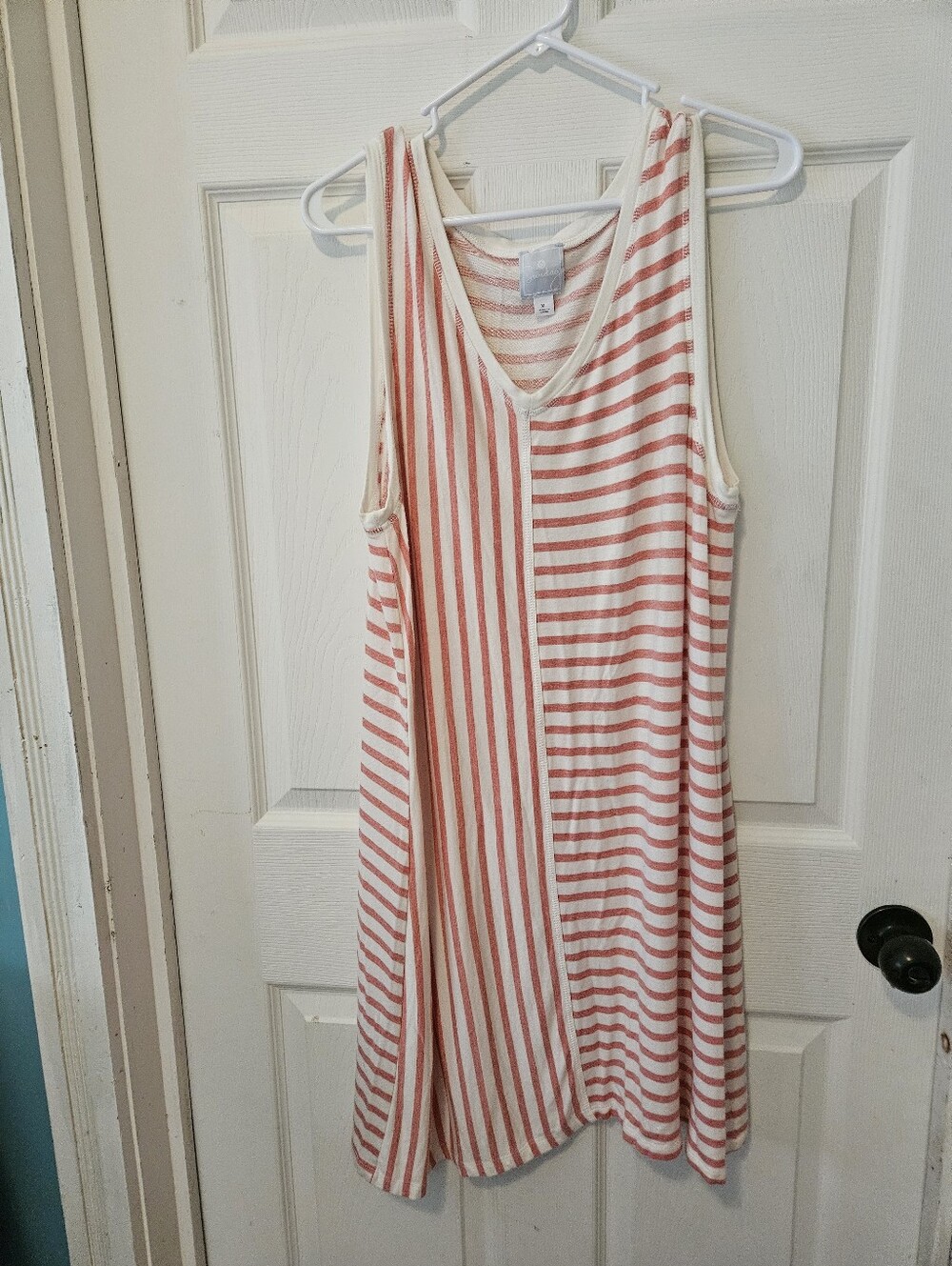 sundays Coral and White Striped V-Neck Midi Dress
